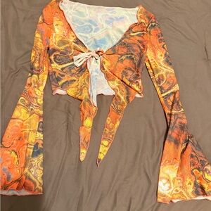 Women’s Orange Tie-Front Long Sleeve Top